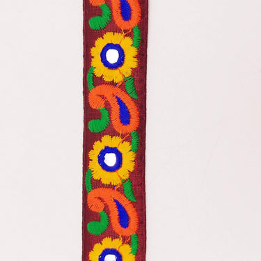 Deep Red Floral Mirrored Trim With Yellow Flowers And Orange Paisley Embroidery, Decorative Trimming, Trim By 3 Yards